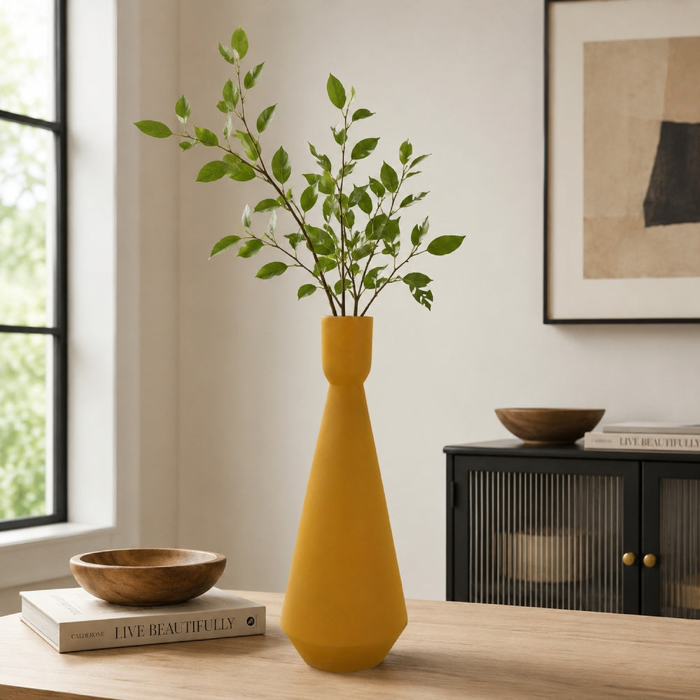 Decorative Vase | Flared Rim | Angular Edges | Mustard Yellow Ceramic 15"