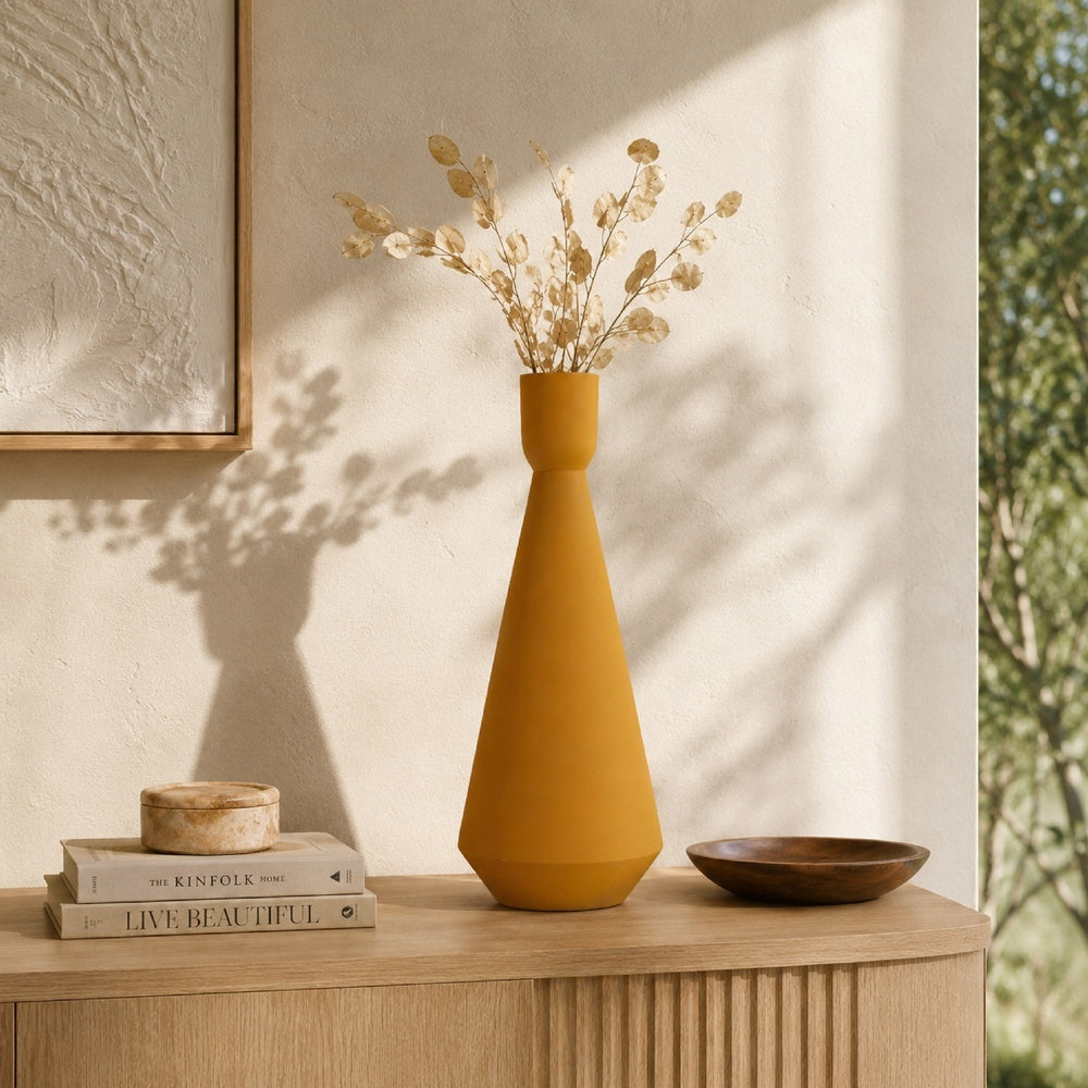 Decorative Vase | Flared Rim | Angular Edges | Mustard Yellow Ceramic 15"