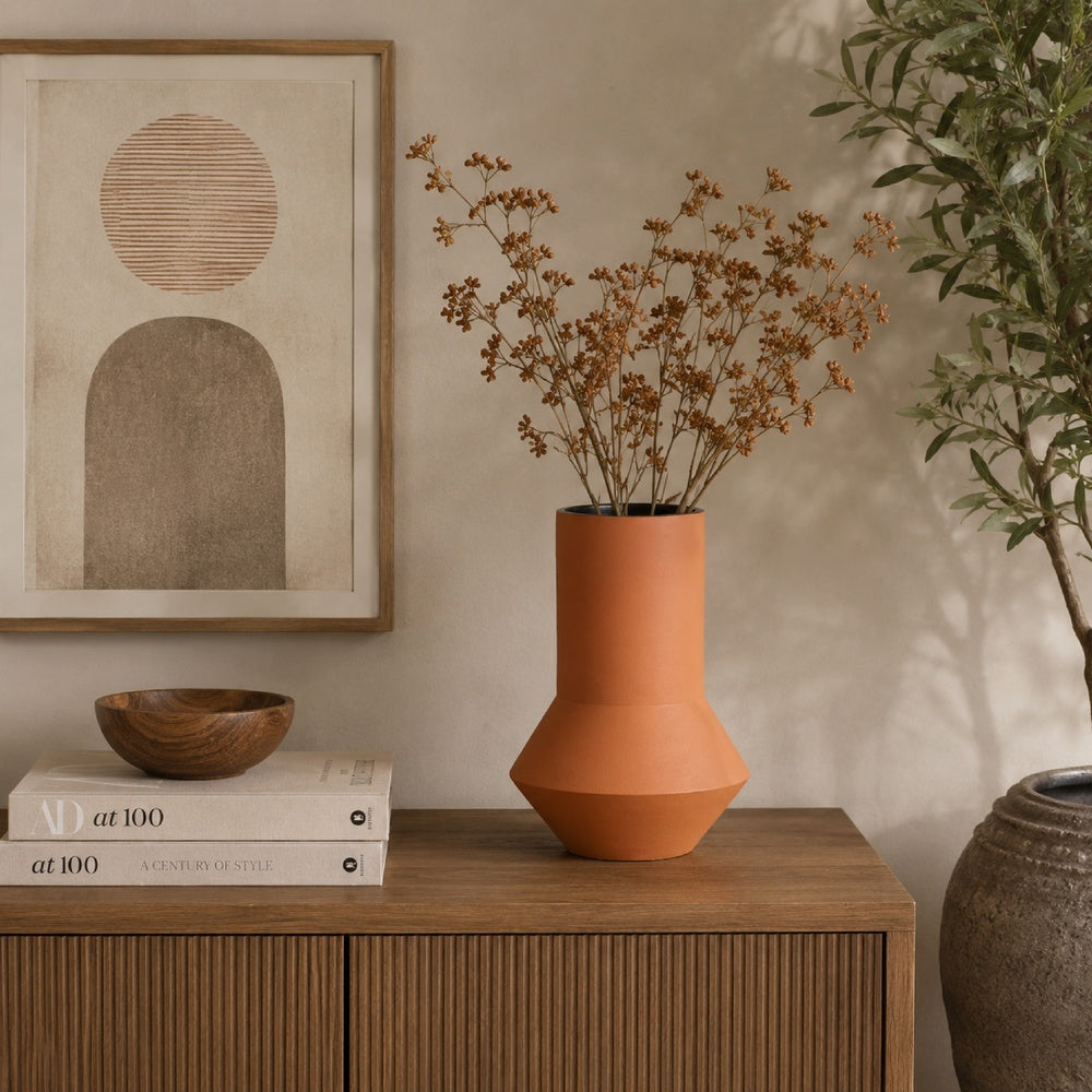 Decorative Vase | Faceted Body | Angular Base | Orange Brown Ceramic 11"