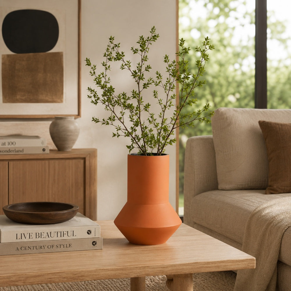 Decorative Vase | Faceted Body | Angular Base | Orange Brown Ceramic 11"