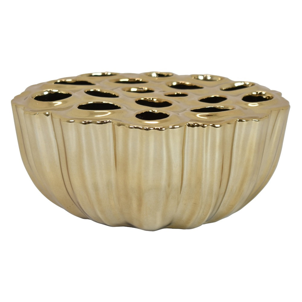 Decorative Vase | Scalloped Lotus Pod Design | Glazed Gold Ceramic 9"