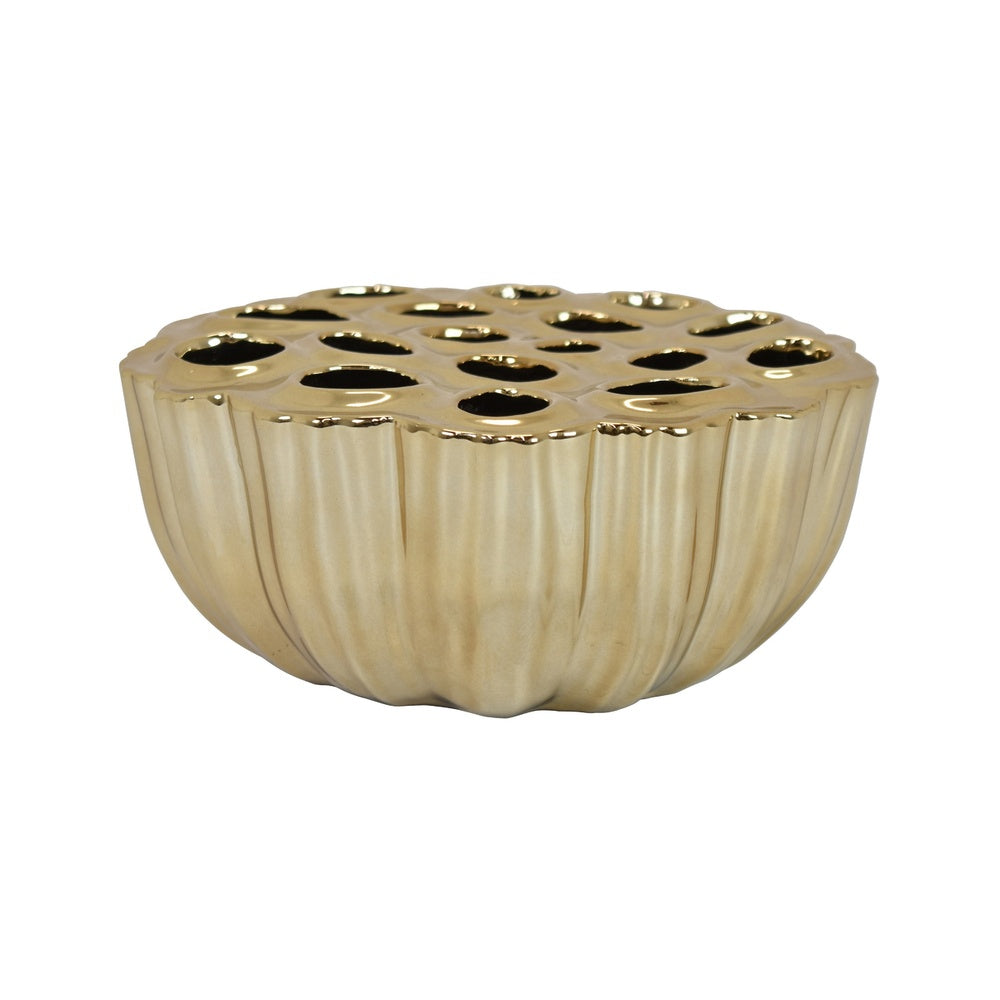Decorative Vase | Scalloped Lotus Pod Design | Glazed Gold Ceramic 9"