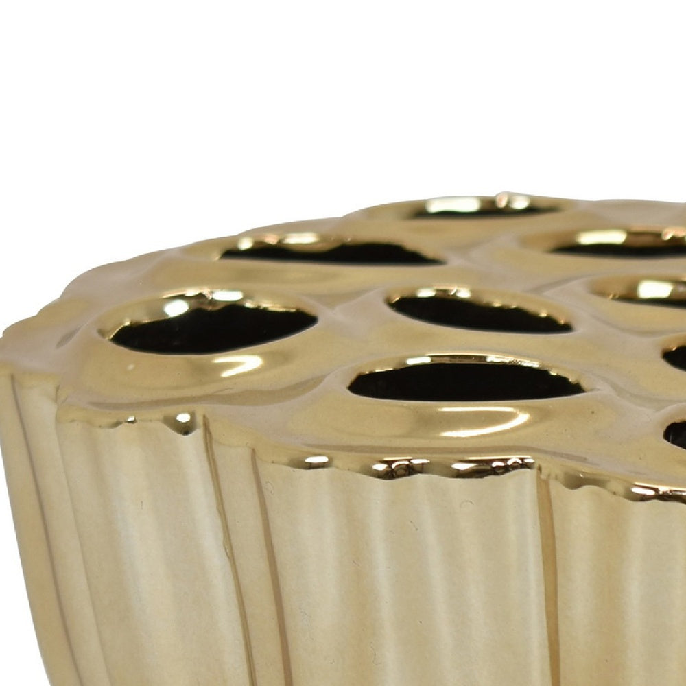 Decorative Vase | Scalloped Lotus Pod Design | Glazed Gold Ceramic 9"
