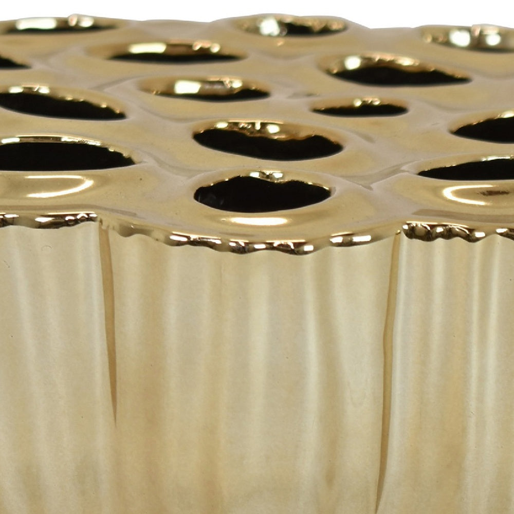 Decorative Vase | Scalloped Lotus Pod Design | Glazed Gold Ceramic 9"