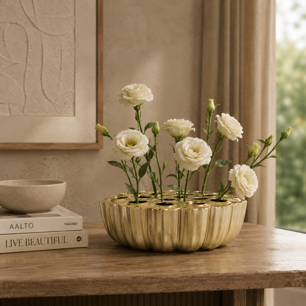 Decorative Vase | Scalloped Lotus Pod Design | Glazed Gold Ceramic 9"
