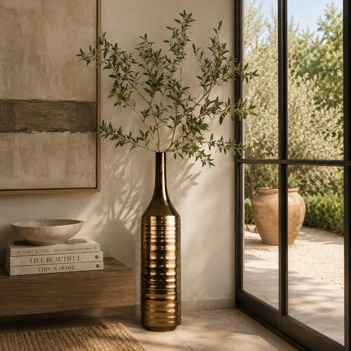 Decorative Vase | Bottle Shape | Horizontal Ridges | Deep Gold Ceramic 28"