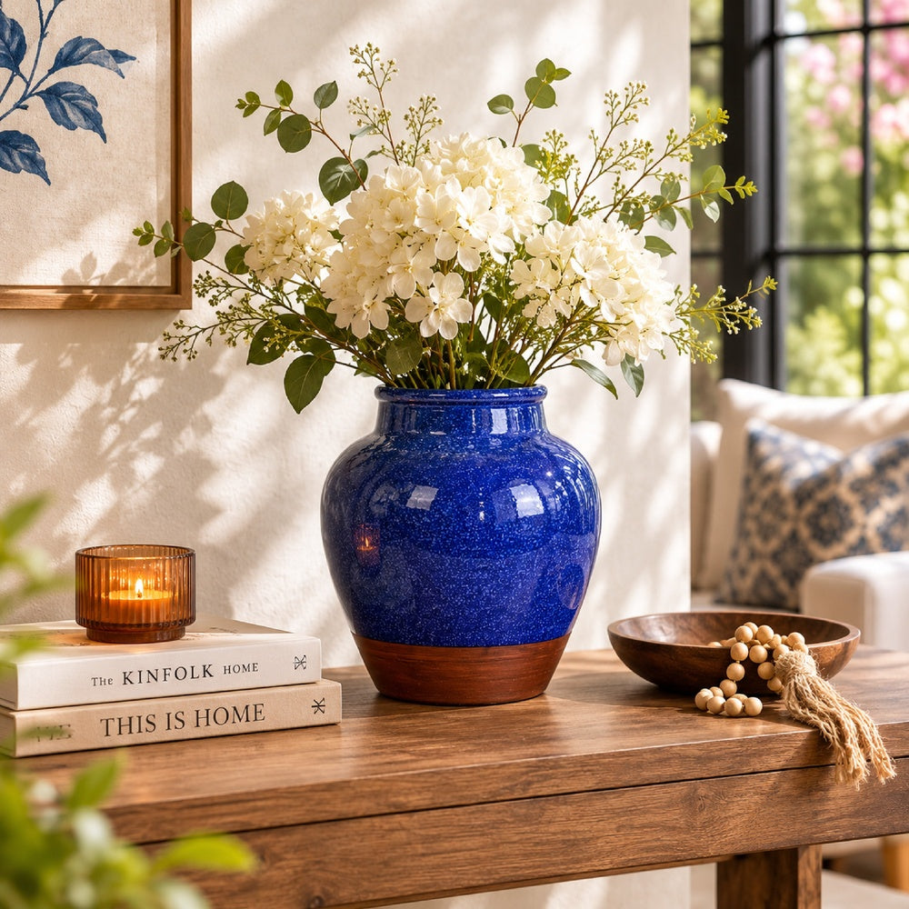 Ginger Jar Vase | Speckled & Glazed Top | Blue & Brown Ceramic 10"