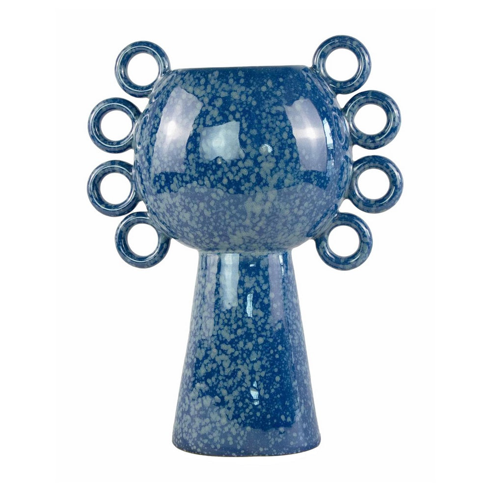 Orin Decorative Vase | 8 Loop H&les | Blue White Speckled Ceramic 15"