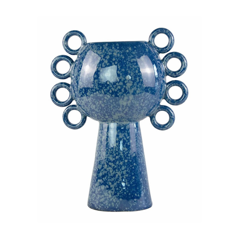 Orin Decorative Vase | 8 Loop H&les | Blue White Speckled Ceramic 15"