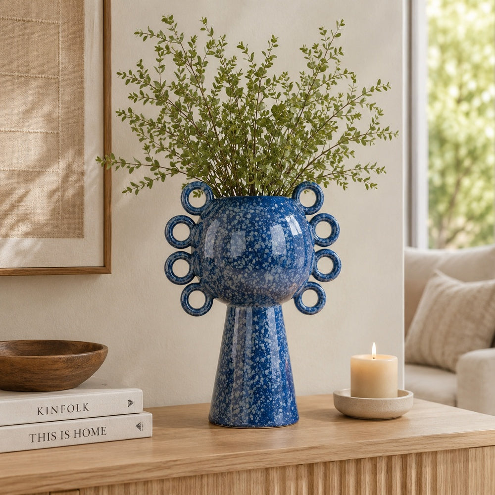 Orin Decorative Vase | 8 Loop H&les | Blue White Speckled Ceramic 15"
