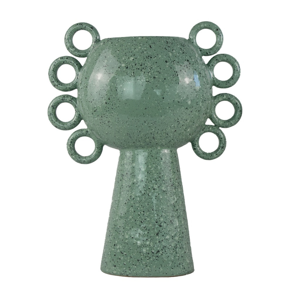 Orin Decorative Vase | 8 Loop H&les |  Green White Speckled Ceramic 15"