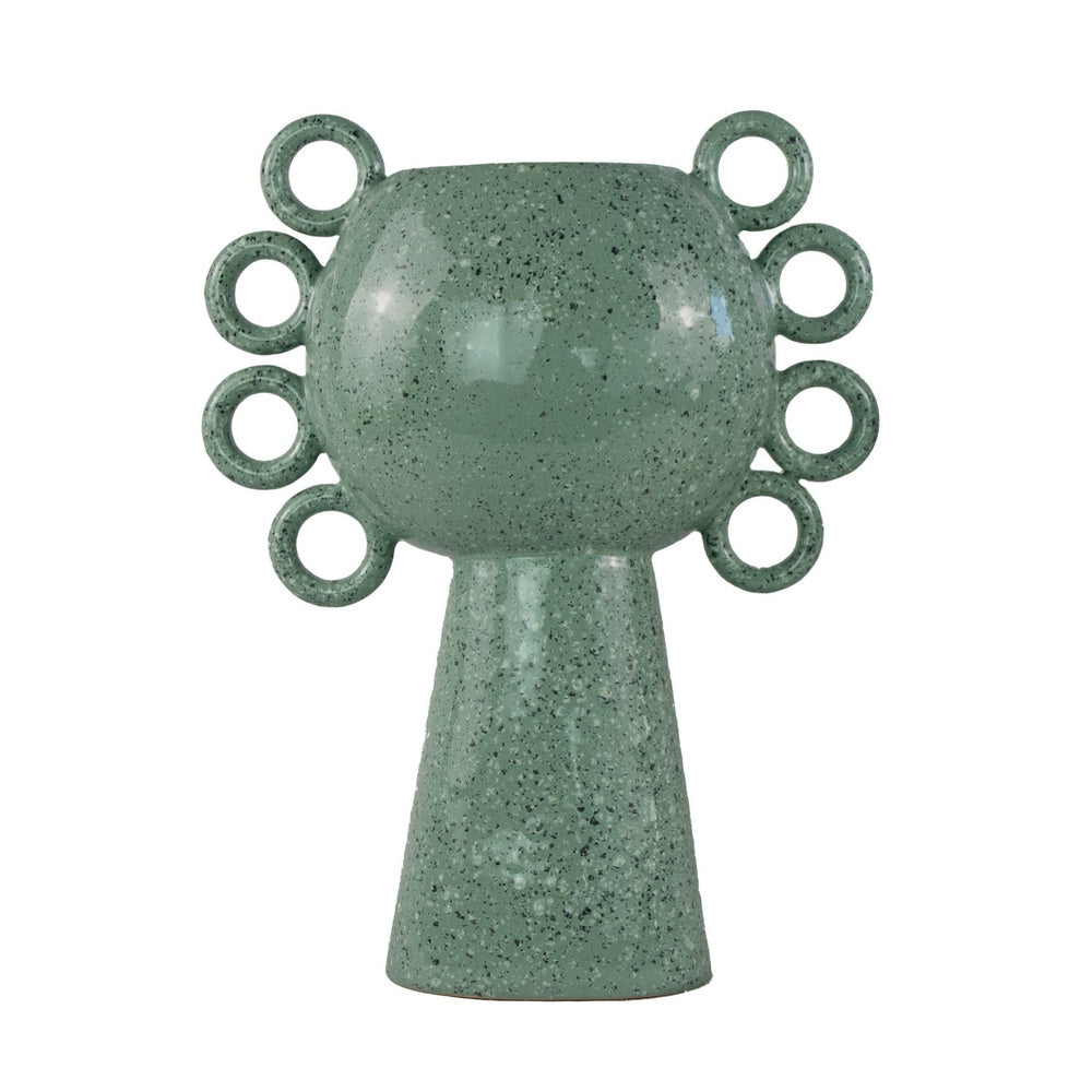 Orin Decorative Vase | 8 Loop H&les |  Green White Speckled Ceramic 15"