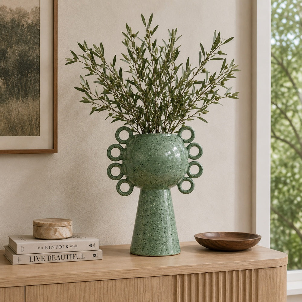 Orin Decorative Vase | 8 Loop H&les |  Green White Speckled Ceramic 15"