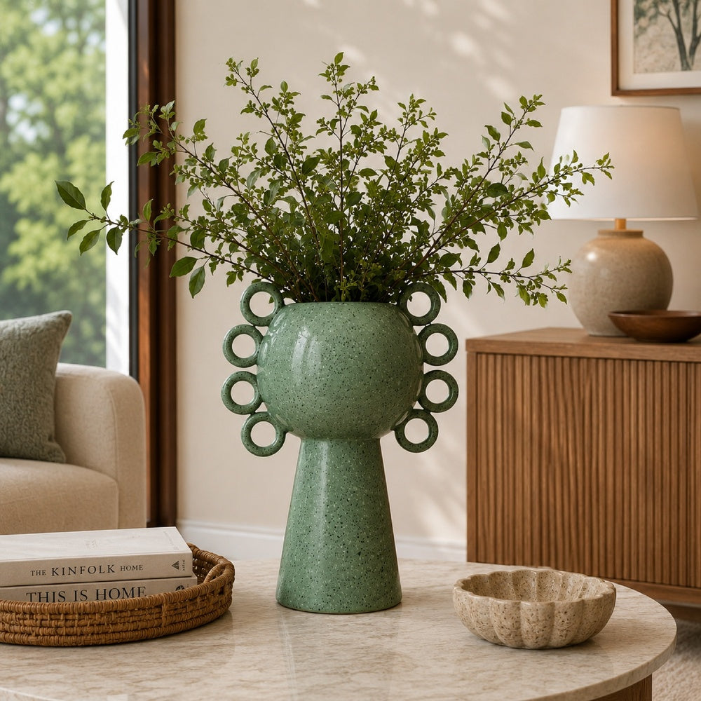 Orin Decorative Vase | 8 Loop H&les |  Green White Speckled Ceramic 15"