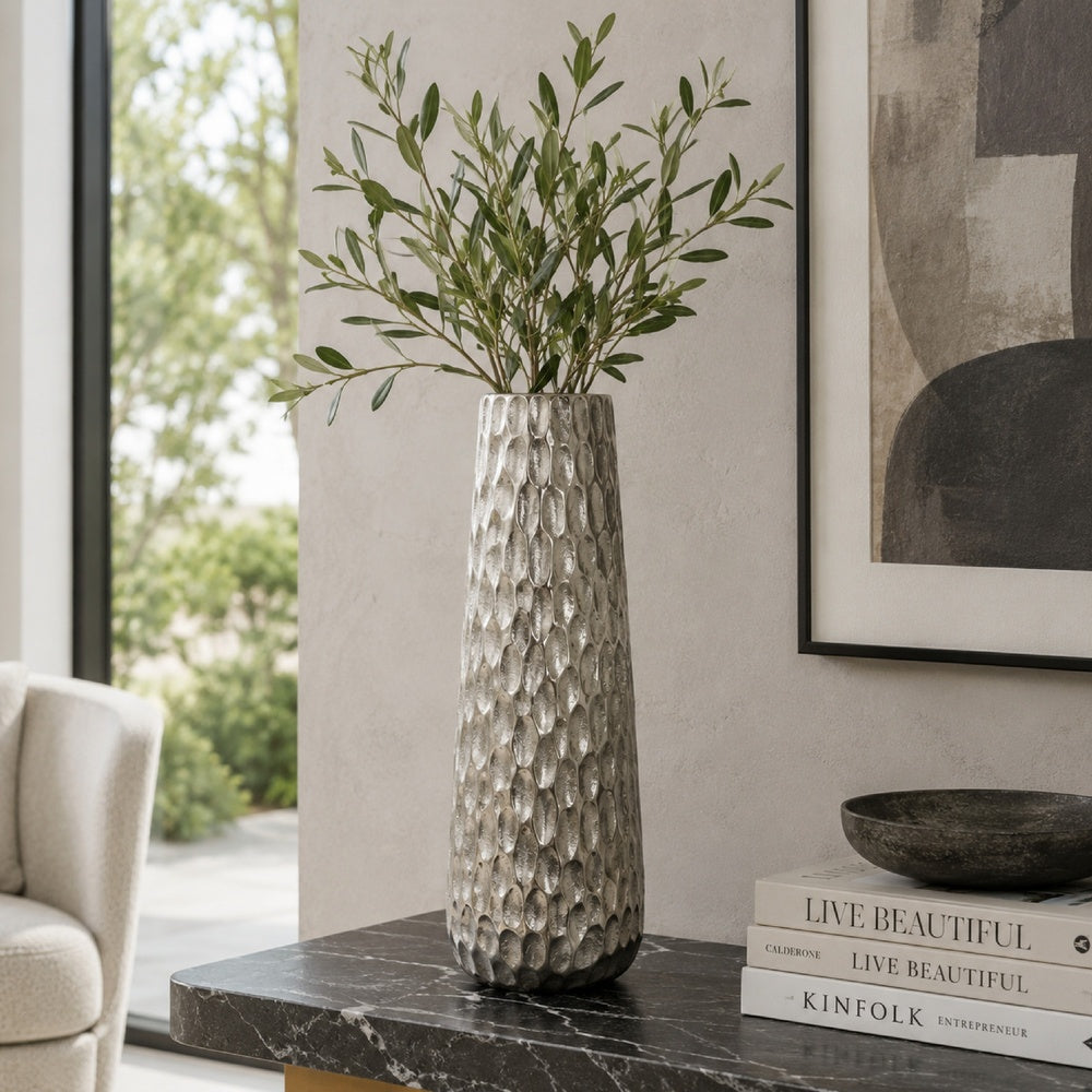 Marvin Tapered Decorative Vase with Textured Details | Silver Aluminum 19"