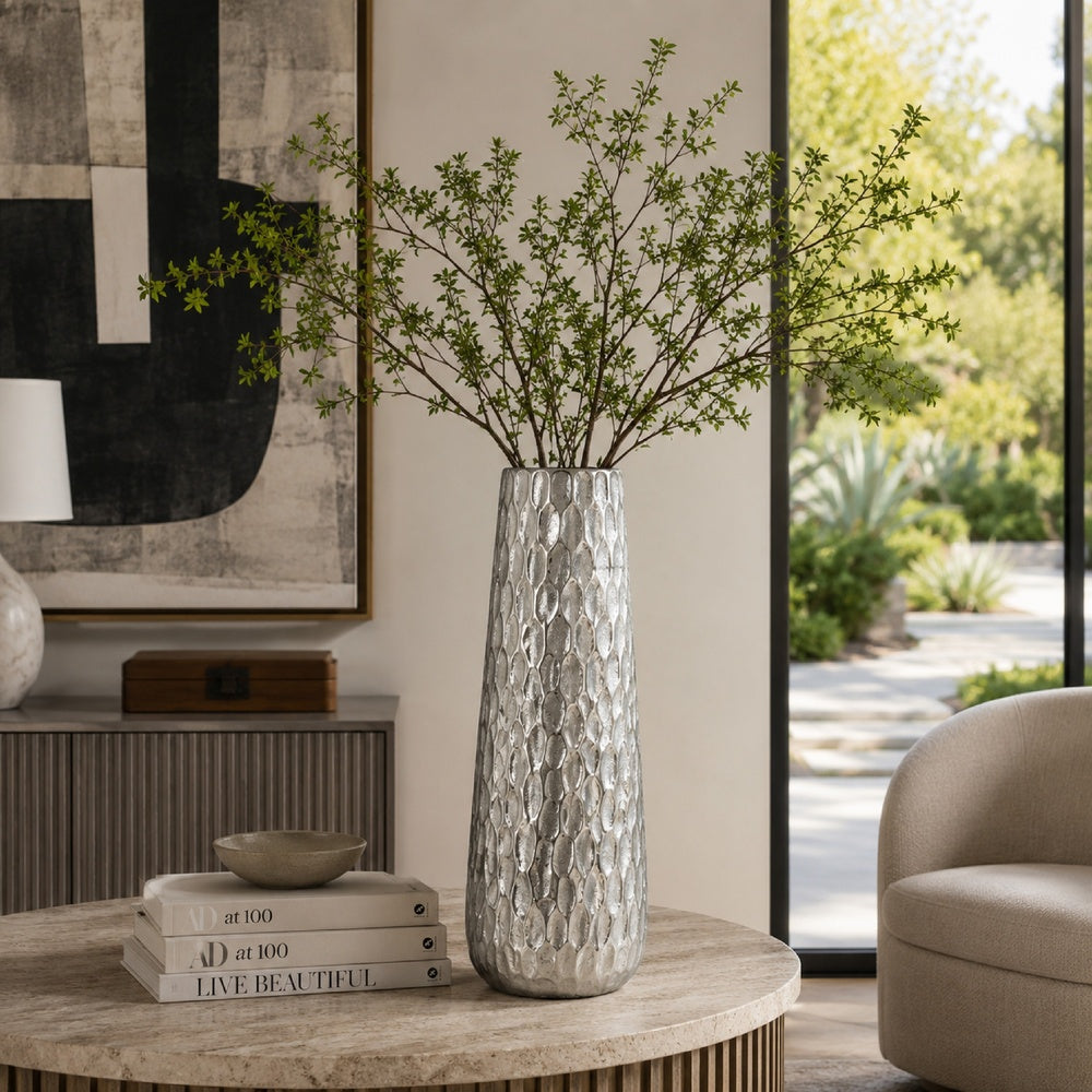 Marvin Tapered Decorative Vase with Textured Details | Silver Aluminum 19"