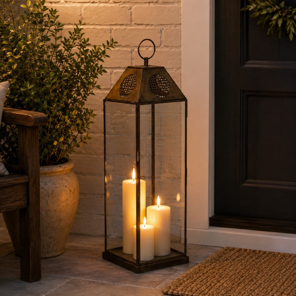 Greg Glass Lantern with Vented Top | Ring H&le | Bronze Metal 28"