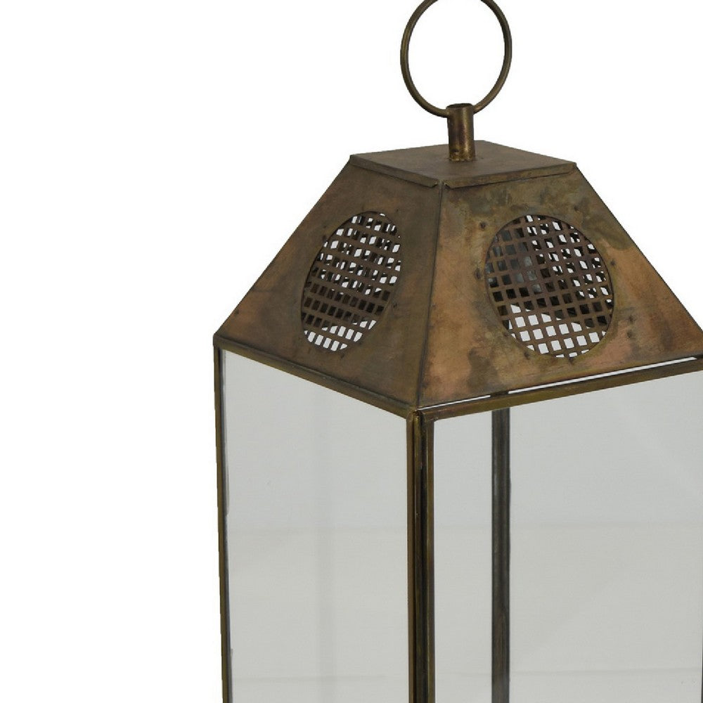 Greg Glass Lantern with Vented Top | Ring H&le | Bronze Metal 24"