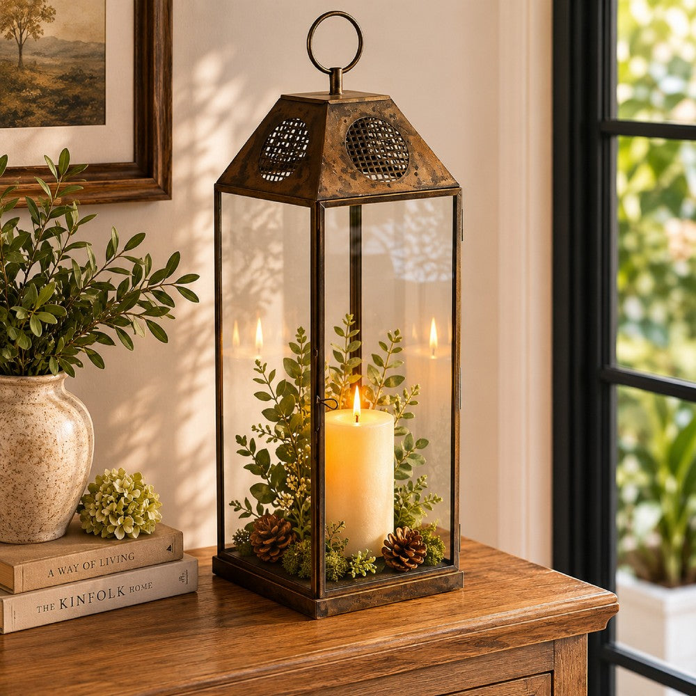 Greg Glass Lantern with Vented Top | Ring H&le | Bronze Metal 24"