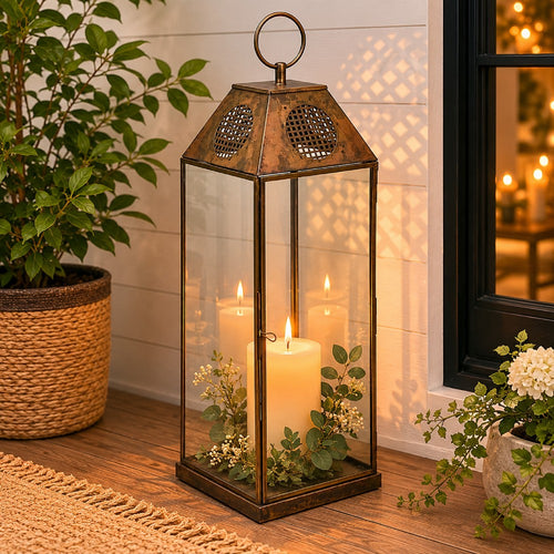 Greg Glass Lantern with Vented Top | Ring H&le | Bronze Metal 24"