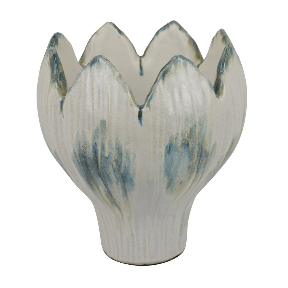 Siena Decorative Planter with Petal Edge Design | White-Green Ceramic 10"