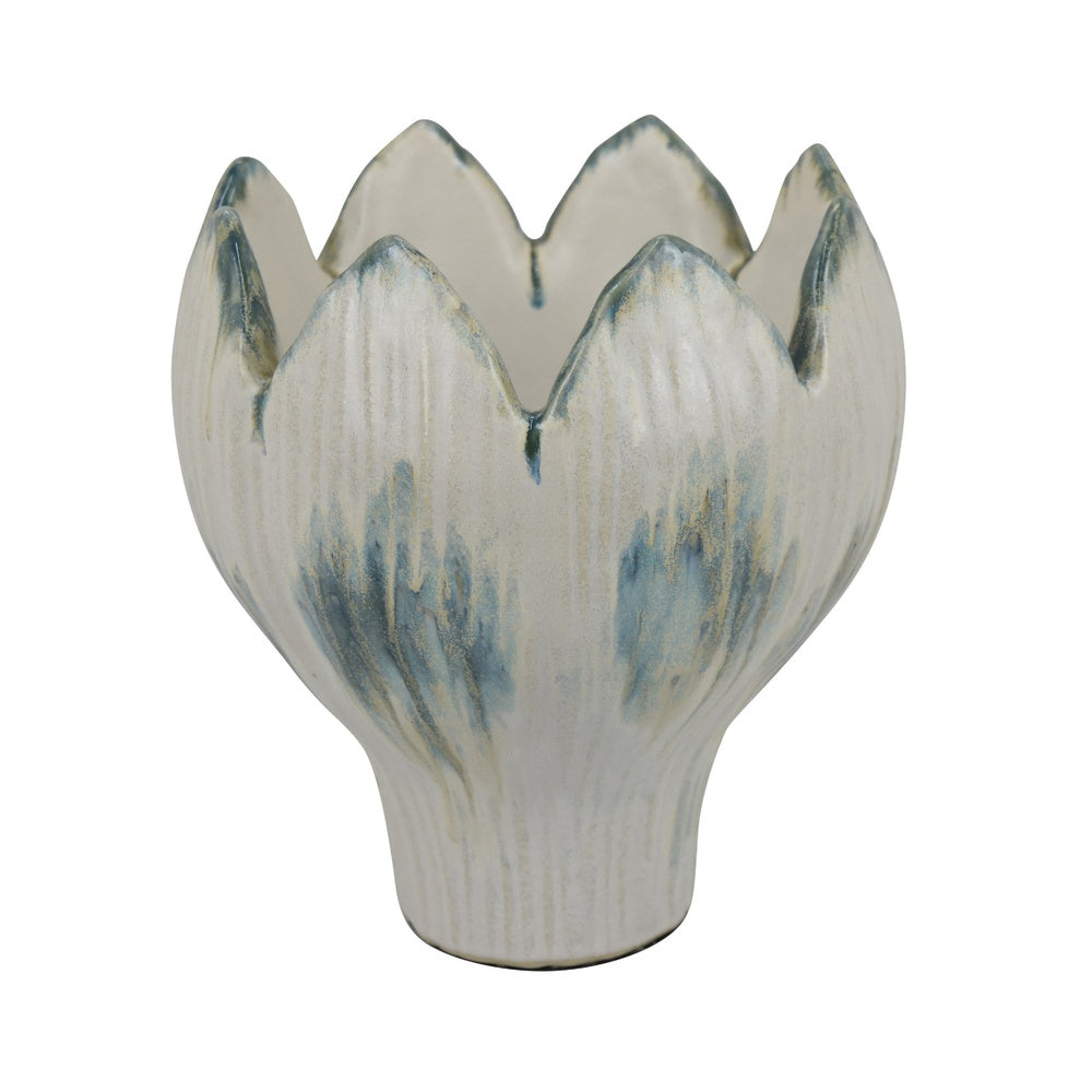 Siena Decorative Planter with Petal Edge Design | White-Green Ceramic 10"