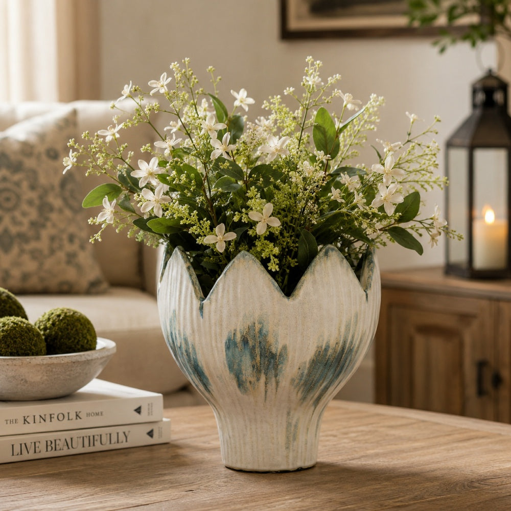 Siena Decorative Planter with Petal Edge Design | White-Green Ceramic 10"