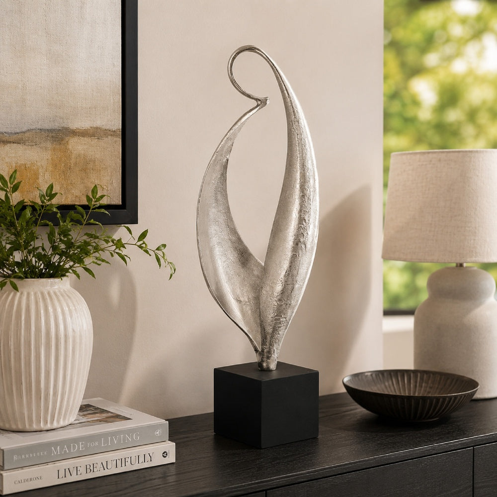 Dora Decorative Abstract Sculpture | Black Base | Silver Metal 24"