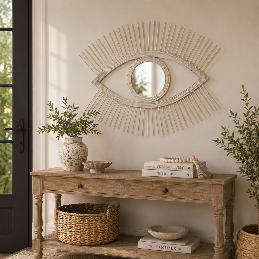 Ruhy Decorative Wall-Mounted Mirror with Eye-Shape Design | White Wood
