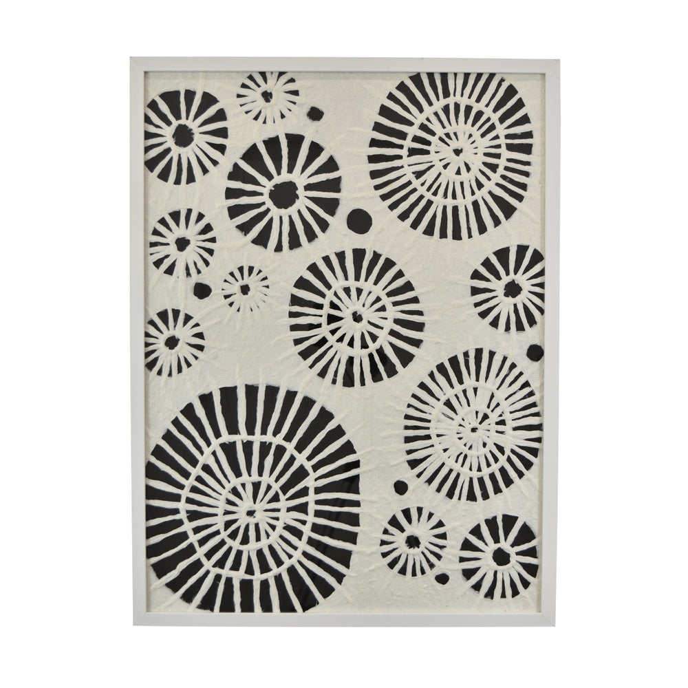 Wren Wall Art with Abstract Patterns | White Frame | Natural Fiber 32"