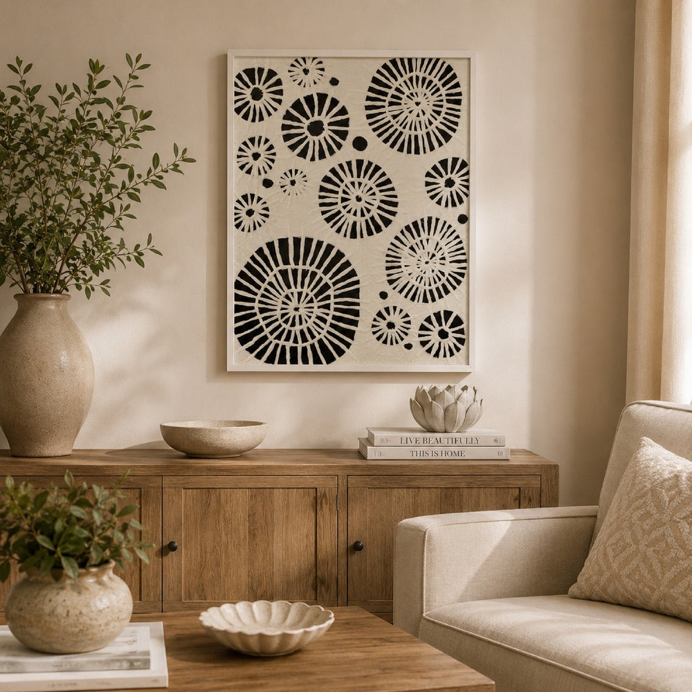 Wren Wall Art with Abstract Patterns | White Frame | Natural Fiber 32"
