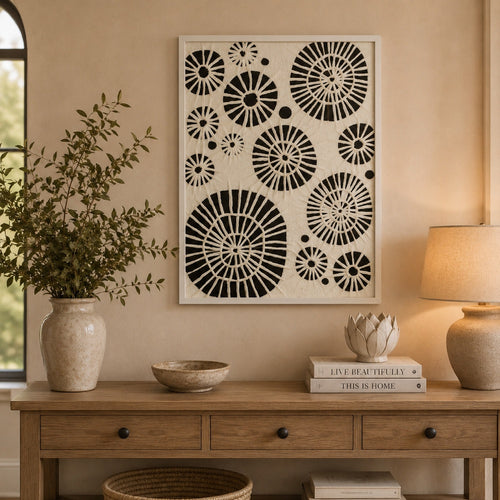 Wren Wall Art with Abstract Patterns | White Frame | Natural Fiber 32"