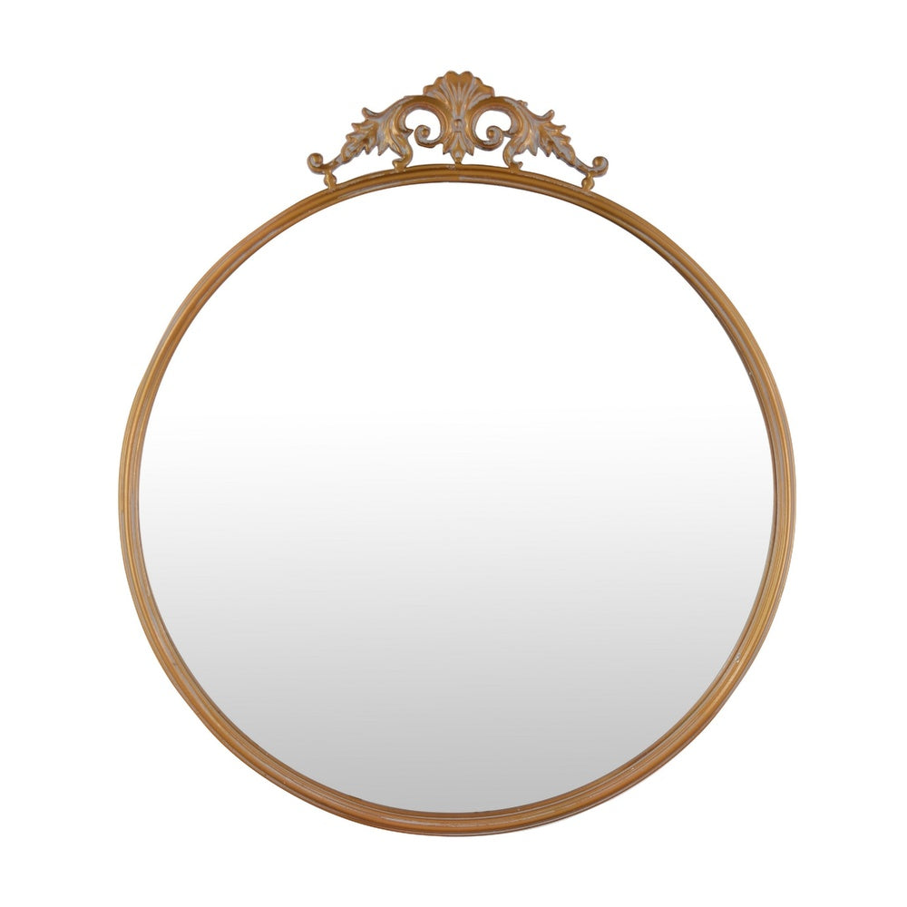 Drek Traditional Round Wall Mirror with Ornate Crest Top | Gold Metal 24x27