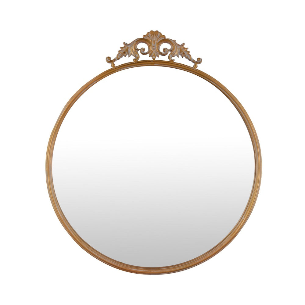 Drek Traditional Round Wall Mirror with Ornate Crest Top | Gold Metal 24x27