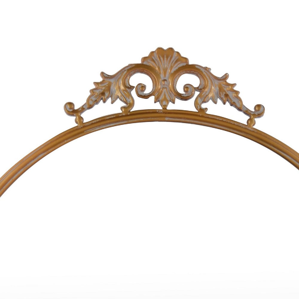 Drek Traditional Round Wall Mirror with Ornate Crest Top | Gold Metal 24x27