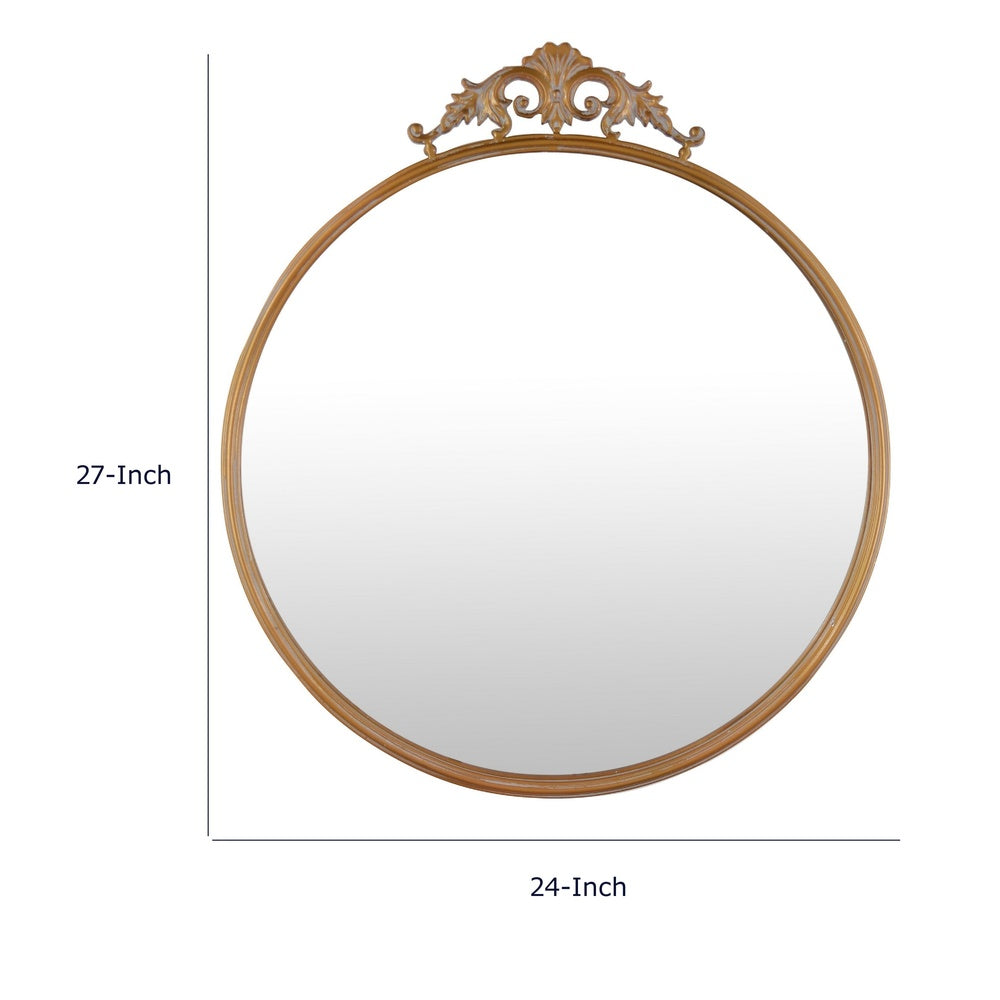Drek Traditional Round Wall Mirror with Ornate Crest Top | Gold Metal 24x27