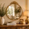 Drek Traditional Round Wall Mirror with Ornate Crest Top | Gold Metal 24x27