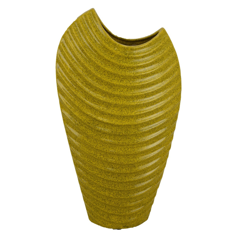 Kathy Decorative Vase with Sculpted Curved Rim | Yellow Ribbed Ceramic 20"
