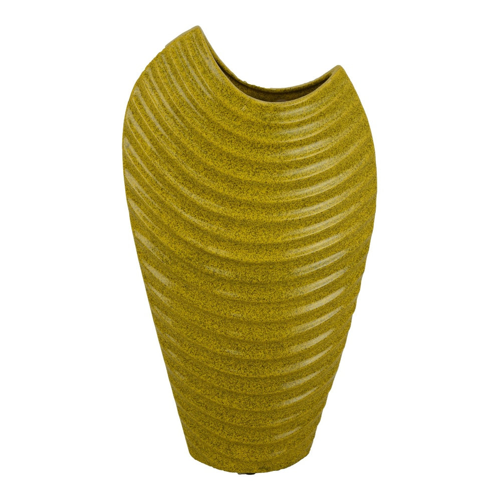 Kathy Decorative Vase with Sculpted Curved Rim | Yellow Ribbed Ceramic 20"