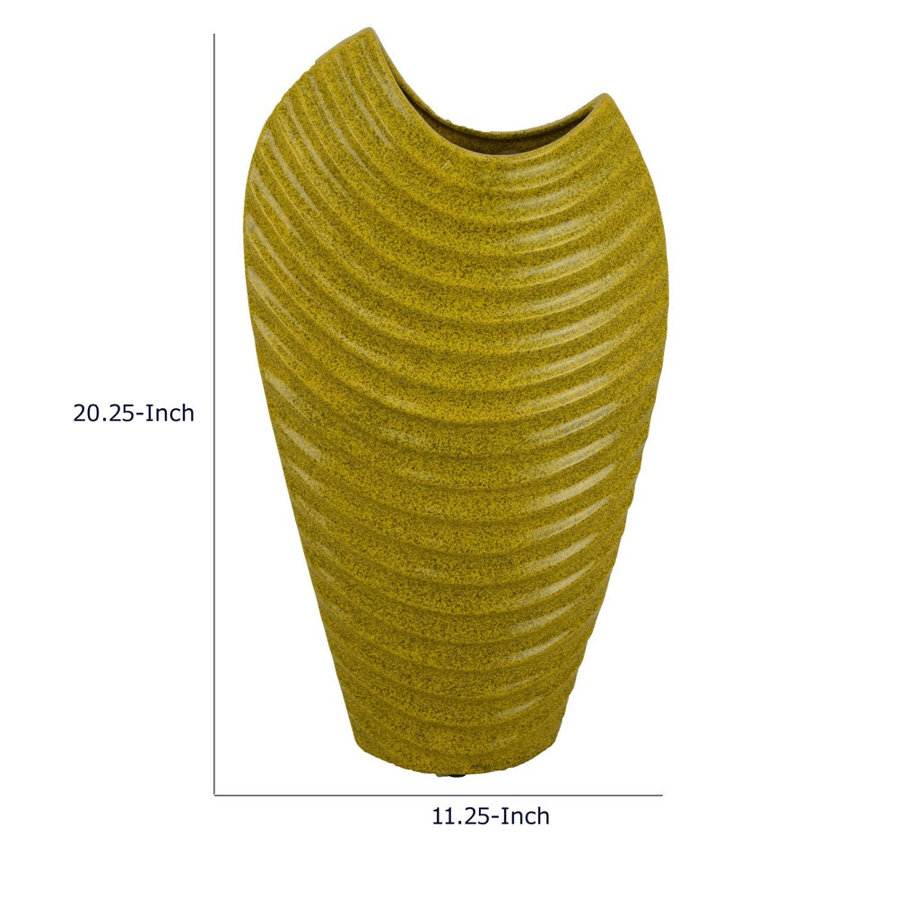 Kathy Decorative Vase with Sculpted Curved Rim | Yellow Ribbed Ceramic 20"