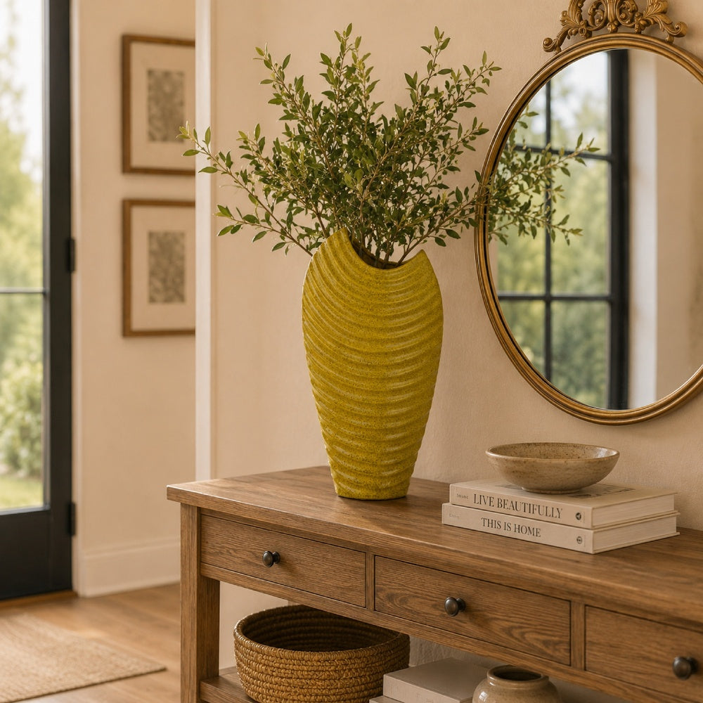 Kathy Decorative Vase with Sculpted Curved Rim | Yellow Ribbed Ceramic 20"