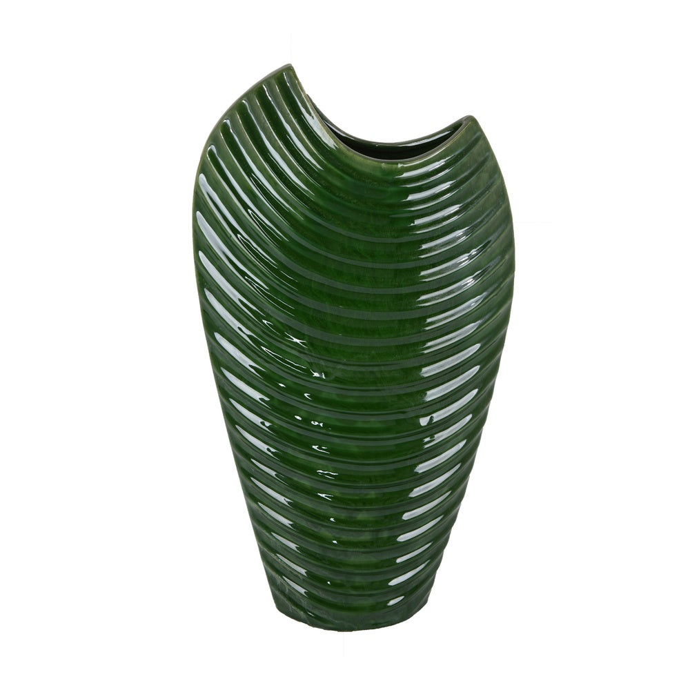 Kathy Decorative Vase with Sculpted Curved Rim | Green Ribbed Ceramic 20"