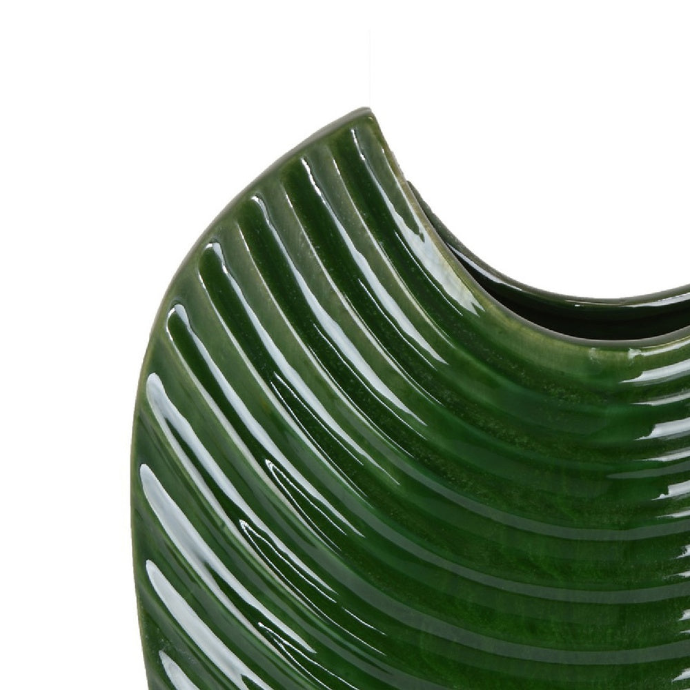 Kathy Decorative Vase with Sculpted Curved Rim | Green Ribbed Ceramic 20"
