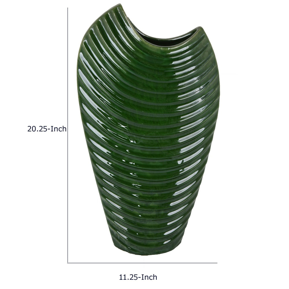 Kathy Decorative Vase with Sculpted Curved Rim | Green Ribbed Ceramic 20"