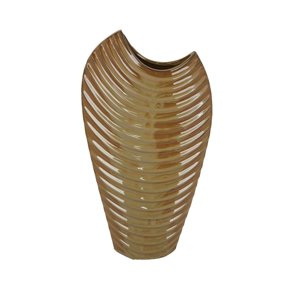 Kathy Decorative Vase with Sculpted Curved Rim | Brown Ribbed Ceramic 20"