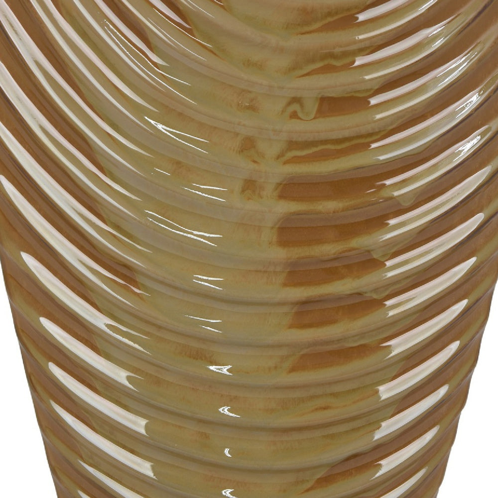 Kathy Decorative Vase with Sculpted Curved Rim | Brown Ribbed Ceramic 20"