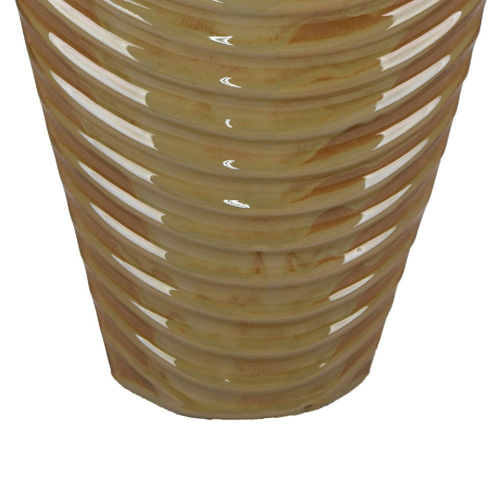 Kathy Decorative Vase with Sculpted Curved Rim | Brown Ribbed Ceramic 20"