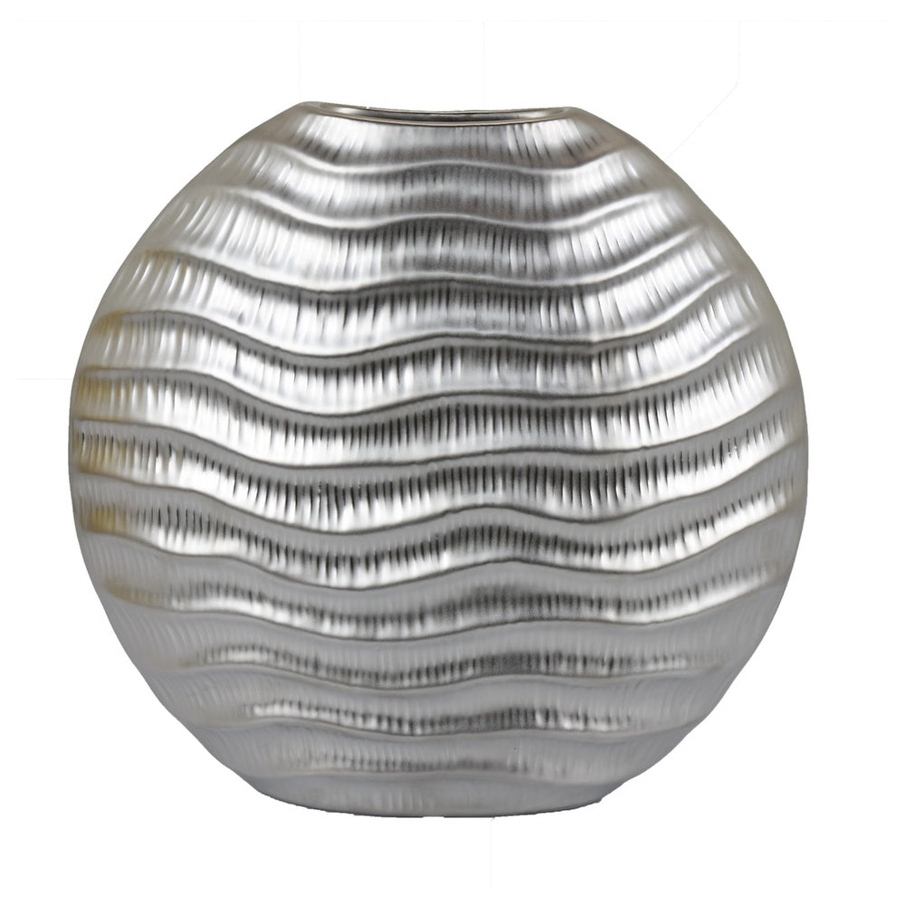 Tyler Round Vase with Textured Wave Pattern Design | Silver Ceramic 14"
