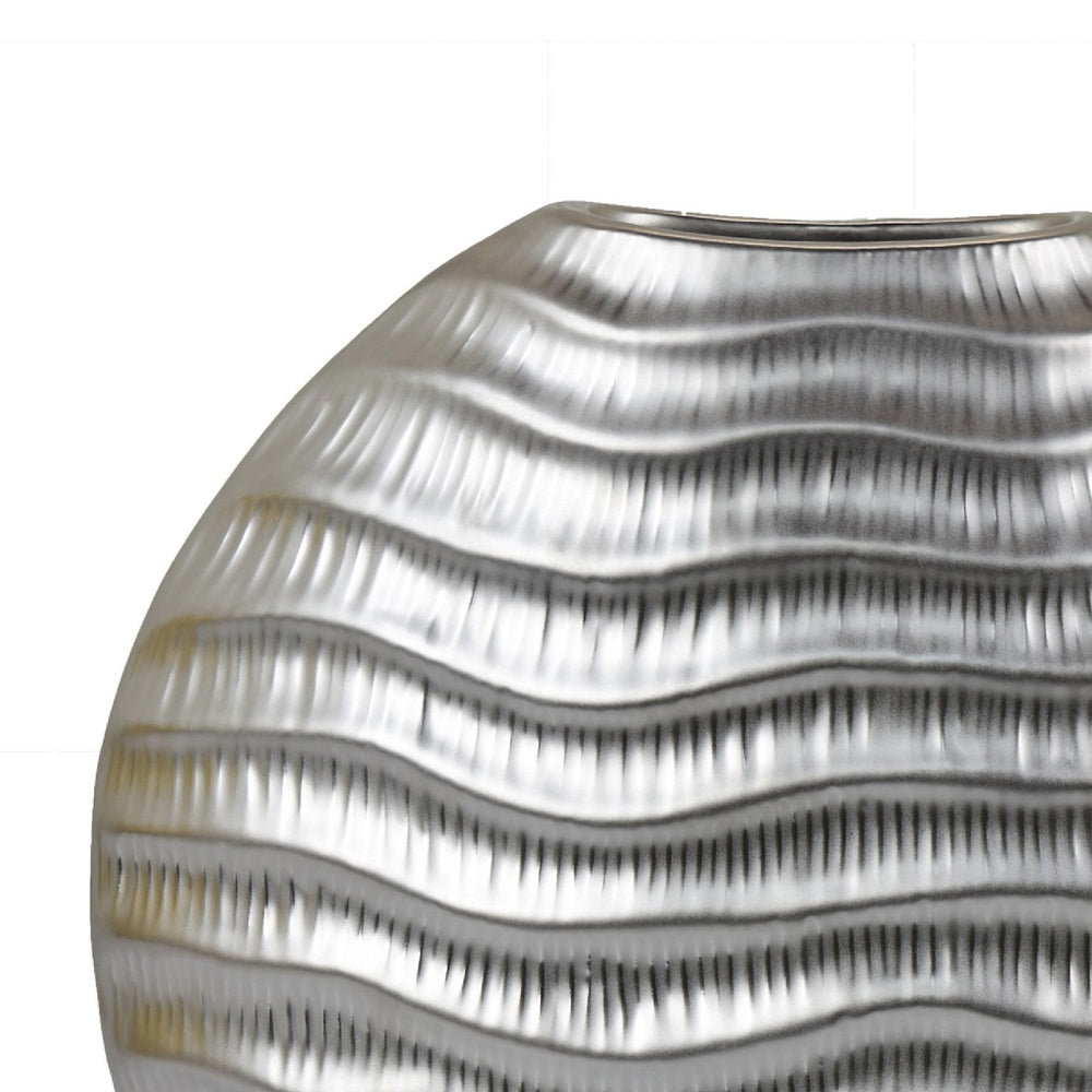 Tyler Round Vase with Textured Wave Pattern Design | Silver Ceramic 14"