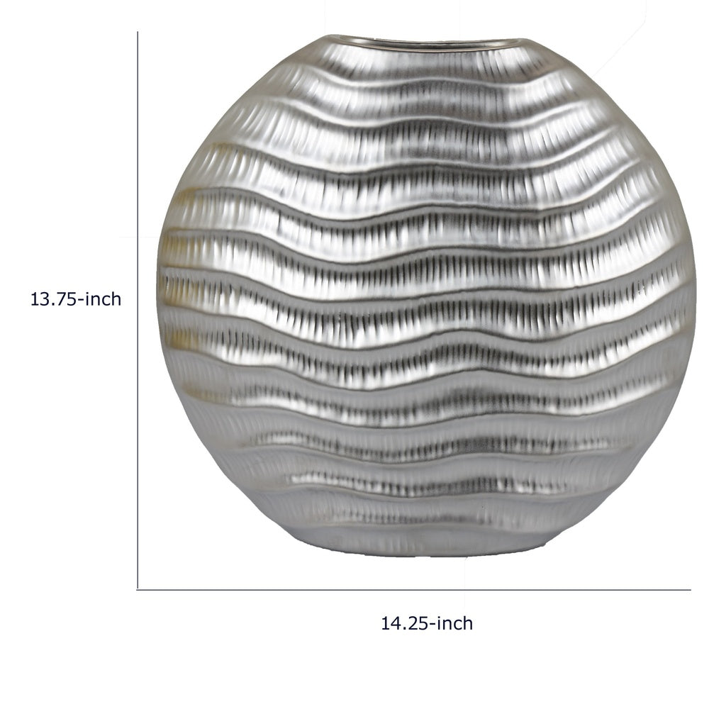 Tyler Round Vase with Textured Wave Pattern Design | Silver Ceramic 14"